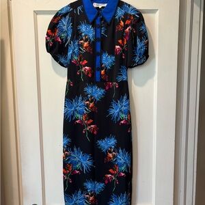 Diane Von Furstenberg Black Midi Dress with Blue and Red Floral